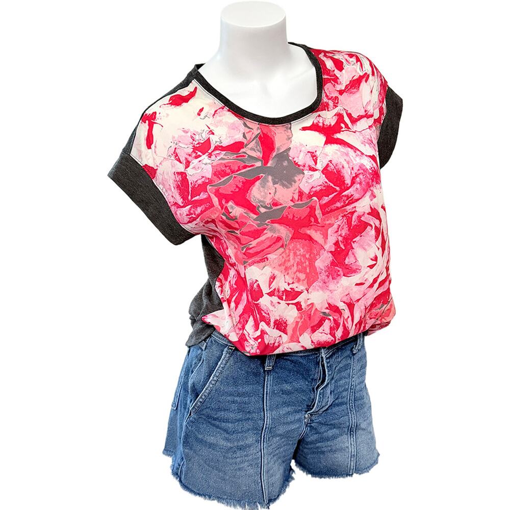 Apt 9 knit short sleeve top pink white grey floral graphic tee petite medium MP